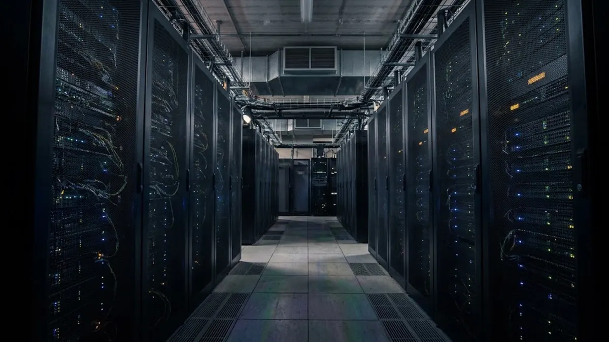 Modern server room with illuminated racks hosting global distributed relay nodes