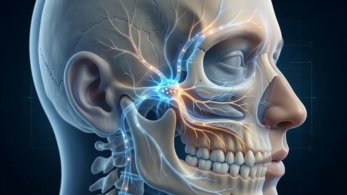 Medical 3D illustration highlighting cranial nerves and sphenopalatine ganglion pathways