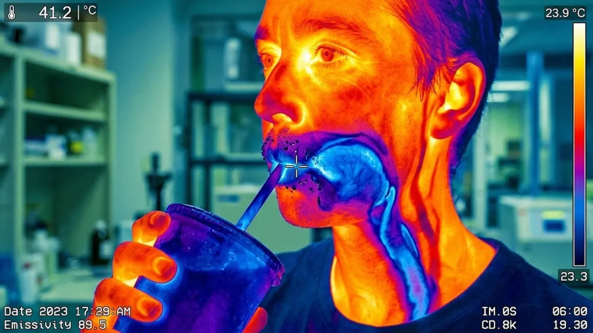 Thermal infrared imaging showing cold temperature gradient in oral cavity during cold consumption