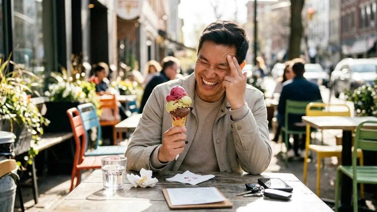 Person enjoying cold ice cream dessert outdoor laughing while recovering from brain freeze