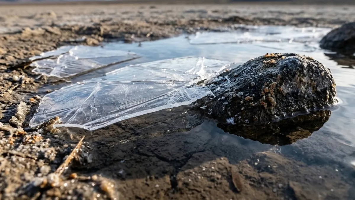 Thin windowpane ice sheets floating in shallow meltwater around a dark stone