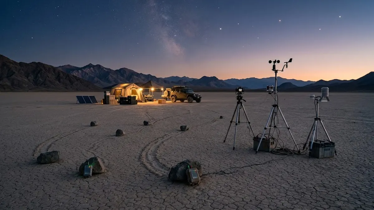 Automated scientific field weather station and GPS instruments monitoring sailing stones