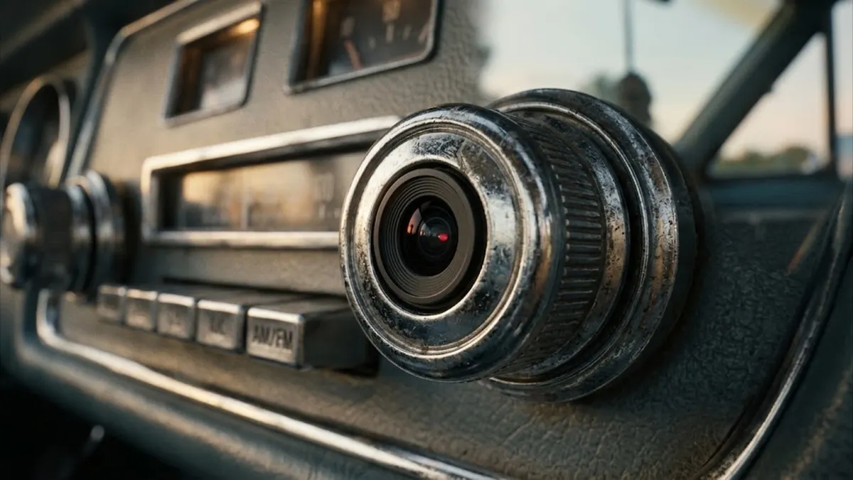 Macro close-up of a vintage automobile radio knob hiding a miniature surveillance camera lens