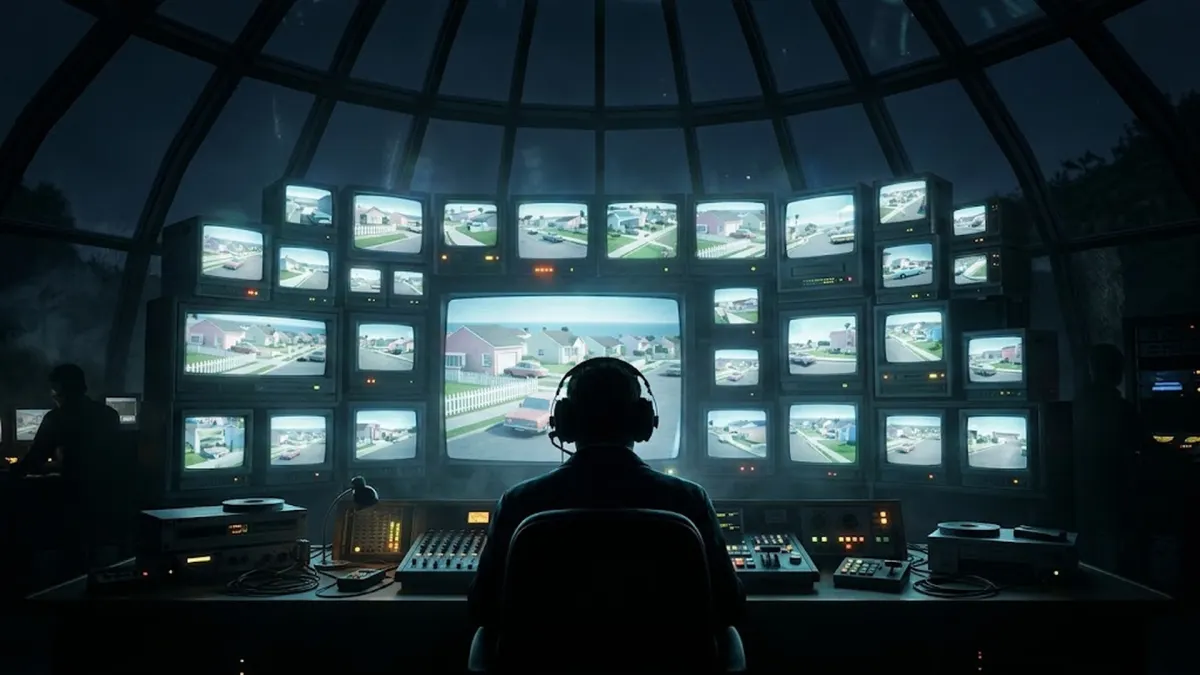 The lunar broadcast control room with director monitoring dozens of surveillance CRT screens