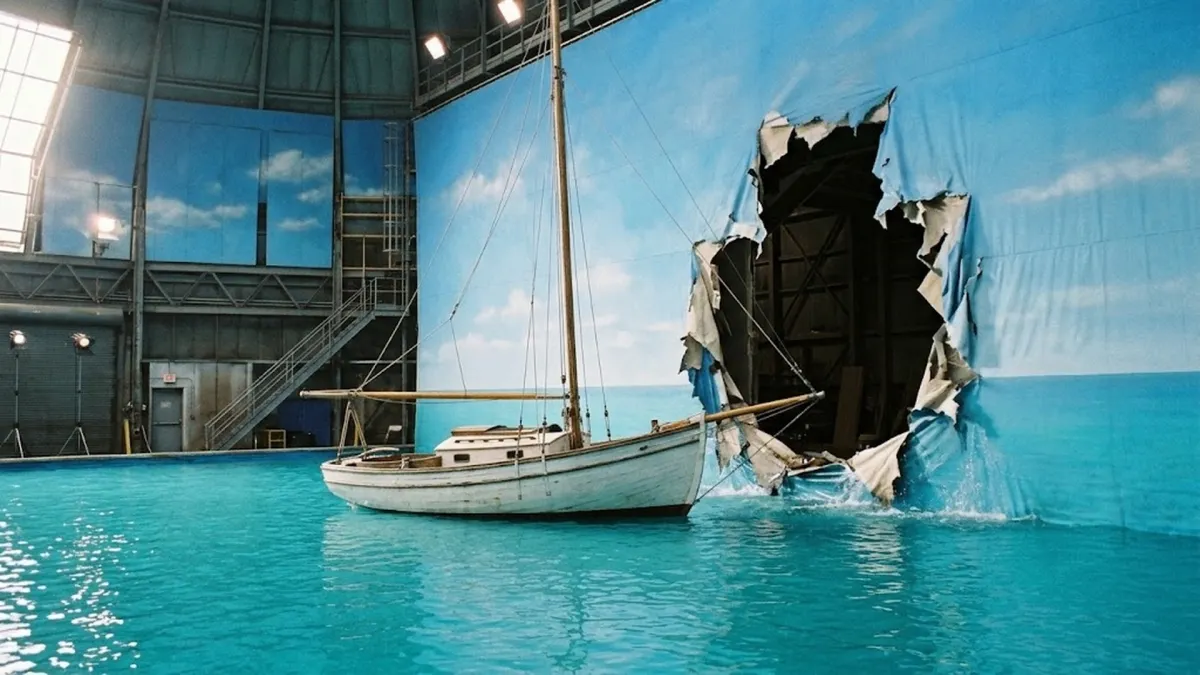 The sailboat puncturing the painted sky backdrop at the edge of the artificial ocean set